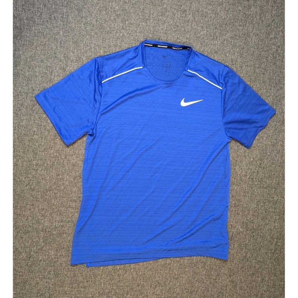 Nike Running Dri Fit Performance Shirt Mens Blue Swoosh Logo Athletic Tee Medium
